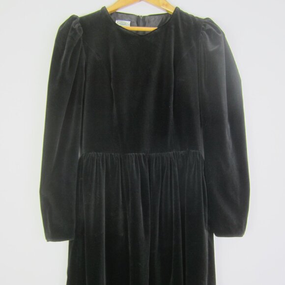 Vtg Laura Ashley Women S Black Velour Velvet LS Maxi Dress Waist 28" Fit Flare - Picture 6 of 10